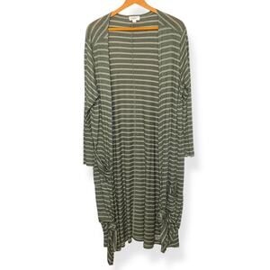 Lularoe green gray striped Sarah open front duster length cardigan sweater Large